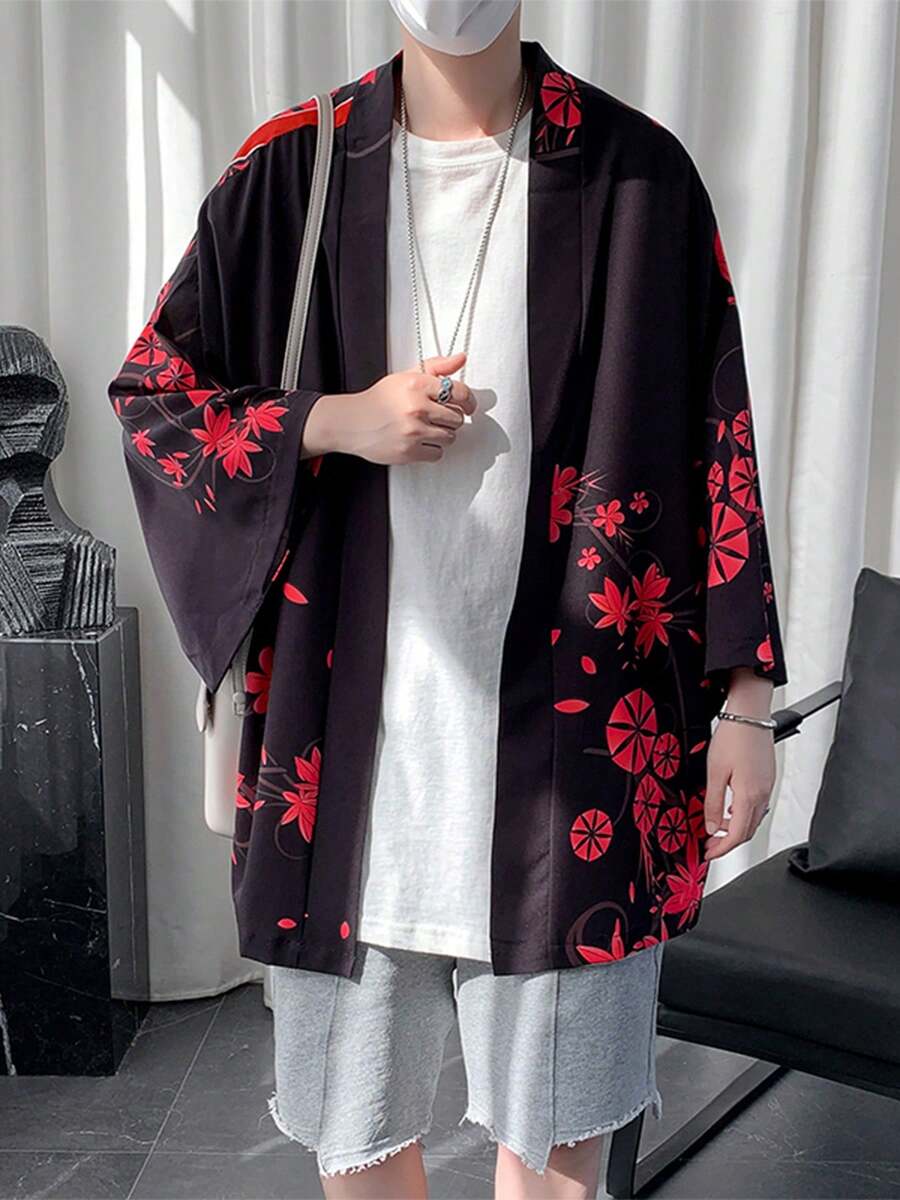 日式复古宽松七分袖印花和服罩衫，时尚百搭轻便外套，适合夏季海滩度假、泳衣罩衫、睡袍，传统日式风格 - 黑色 - 查看 1