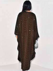 Áo choàng Cardigan Abaya đính đá rộng rãi thời trang mới xuân/hè 2025 dành cho nữ - màu nâu - Xem 4