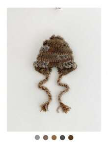 1pc Cute Fluffy Colorful Knitted Beanie Hat For Women, Solid Color Witch Knit Bucket Hat With Pom Pom, Braided Trapper Earflap Hat, Versatile Handmade Knit Bucket Hat With Tie - Multicolor - View 15