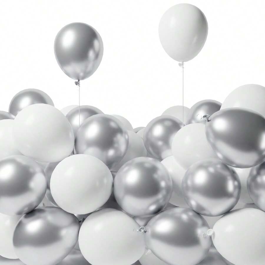 5/10/12 pulgadas Globos de fiesta blancos y plateados, 30/80/120/200 piezas Globos de látex gruesos, Globos blancos y plateados metálicos para decoración de fiestas de cumpleaños, bodas, aniversarios, Año Nuevo, baños, fiestas de compromiso, despedidas de soltero