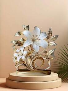 2D Acrylic Floral Desktop Decor, Blooming Lily Design With Golden Leaves And Stamens | Suitable For Living Room And Office | Bohemian Style | Ideal Gift For Holidays And Birthdays - Multicolor - View 5