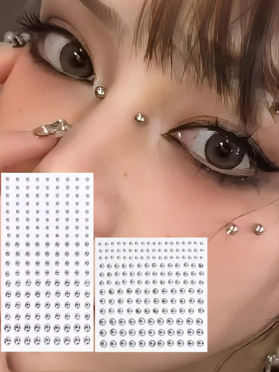 2张（345件）假穿孔饰品套装，包括假脸部穿孔、假唇钉、假鼻钉等，自粘式唇环、眉环、鼻环和肚脐环，适用于舞会、万圣节、音乐节等场合。 - 彩色 - 查看 1
