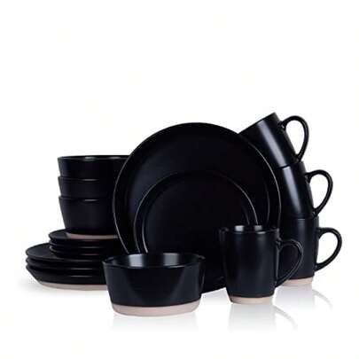 Jules Modern Stoneware 16-Piece Round Black Dinnerware Set Plates And Bowls Sets Dish Set For 4 Black
