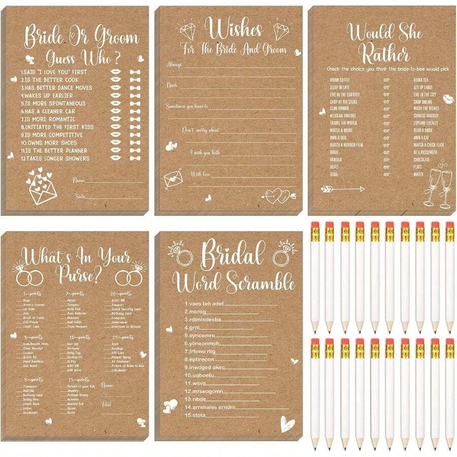 Party Games Funtery 145 Pcs Rustic Kraft Bridal Shower Games 5 Fun Wedding Party Games Activities Set Include 125 Wedding Shower Cards 20 Pencils Bride Groom Bachelorette Party Favor Supplies For 25 Guests - 鄉村風格 - 查看 1