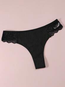 6pcs/Set Women's Solid Color Contrast Lace Sexy Thongs, Black - Black - View 8