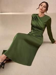 Vestido feminino elegante e formal para escritório, lazer, férias, festa, estilo retrô, para professoras, outono, cor sólida, gola redonda, cintura marcada, pregas, corte em A, cetim, mangas compridas. - Verde - Ver 6