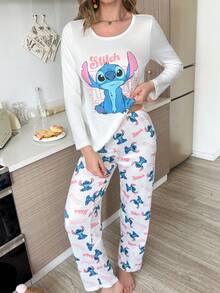 Stitch Graphic Print Long Sleeve Cartoon Letter Pajama Set, Black