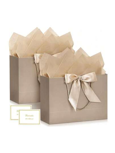 4pcs Gift Bag Set, Includes 1 Gift Bag, 2 Tissue Papers, 1 Card With Ribbon, Shopping Bag, Handled Packaging Bag, Bow Decor Handbag, Luxury Paper Bag With Handle, Suitable For Girls Wedding Party, Christmas, Thanksgiving, New Year, Wedding, Birthday Gift Wrapping, Bridesmaid Girlfriend Party, Valentine's Day And Other Occasions