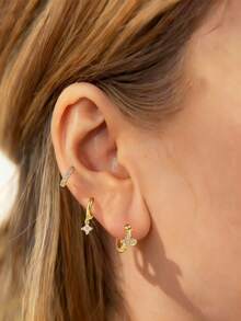 1 Pair Elegant Copper 18K Gold Plated Artificial Zirconia Four-Leaf Clover Hoop Earrings, Suitable For Women's Daily Wear, Gift For Friends On Holidays And Birthdays - Yellow Gold - View 8