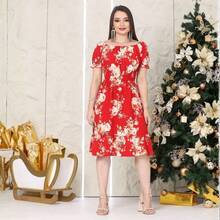 Short Dress Made From Duna Fabric With Short Sleeves. - Red With White Roses - View 1