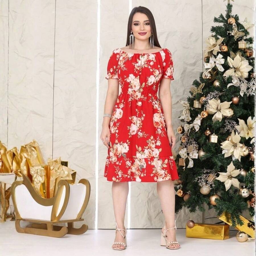 Short Dress Made From Duna Fabric With Short Sleeves. - Red With White Roses - View 1