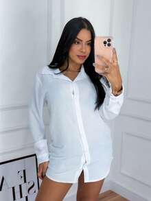 Women's Beach Cover-Up Max Shirt With Button Long Sleeve Kimono Blouse Summer Fashion Simple Elegant Elegance Beach Vacation - 白色 - 查看 4