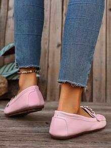 Women's Spring New Chain Loafers, Soft Leather Penny Loafers Slip-On Flat Shoes - Pink - View 6