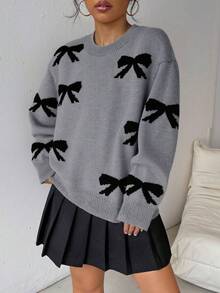 1件少女百搭时尚休闲可爱毛衣，秋冬季 - 灰色 - 查看 1