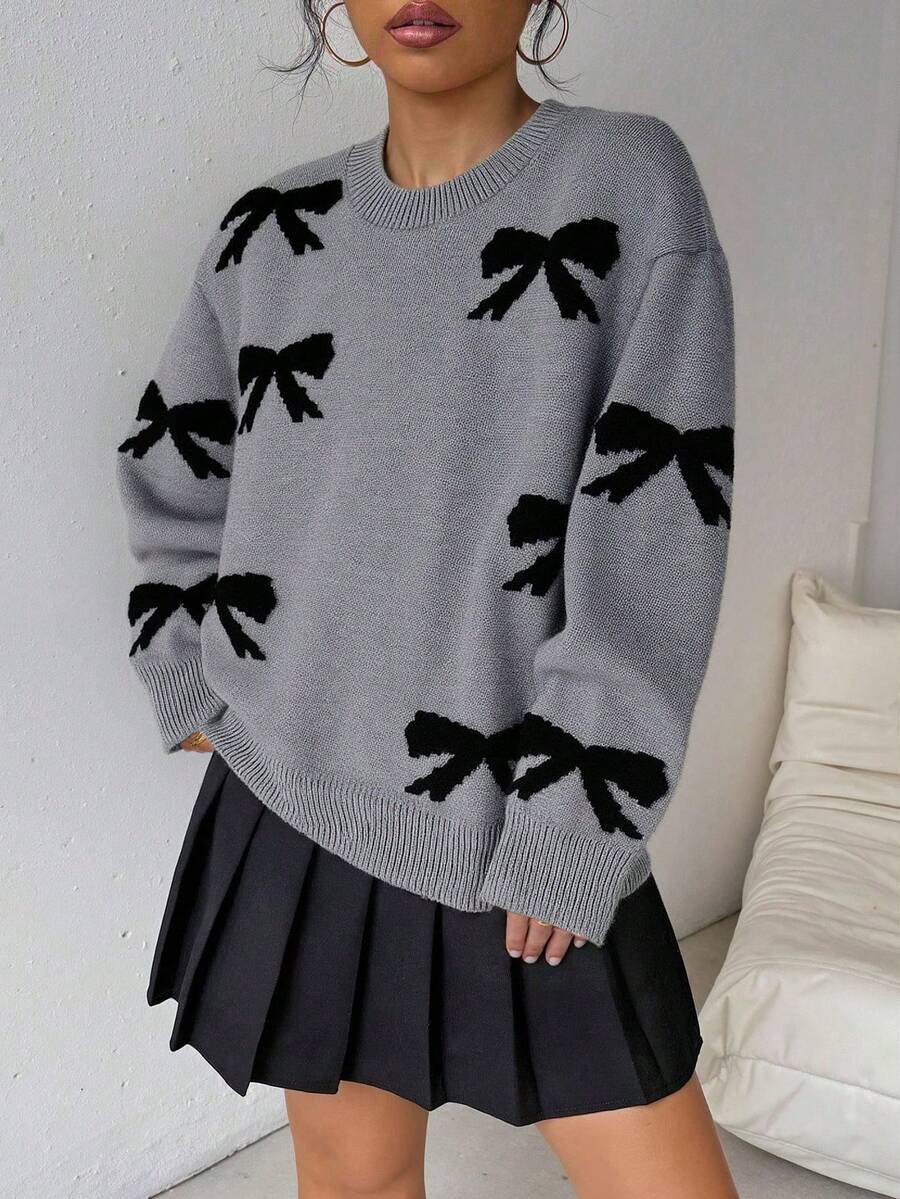 1件少女百搭时尚休闲可爱毛衣，秋冬季 - 灰色 - 查看 1