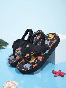 Chanclas para niños pequeños con correa elástica, diseño de dinosaurio de dibujos animados, suaves y gruesas, cómodas y antideslizantes para interiores/exteriores