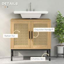 Móvel de lavatório Kleankin com compartimento de arrumação, móvel de lavatório com aspeto de rattan, armário de casa de banho com dispositivo anti-tombamento, carvalho, 60 x 39 x 60 cm - Caqui - Ver 7