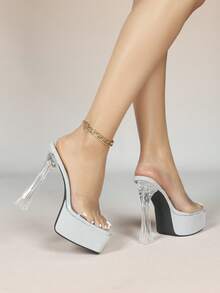 European & American Fashion Model Hotel Nightclub Stilettos, Transparent Crystal Women's High Heels, Catwalk Pole Dancing Shoes, Asymmetric & Chunky Heel Slides - Silver - View 3