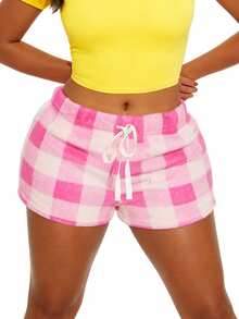 Womens Plaid Shorts Casual Elastic Waist Drawstring Mini Lounge Shorts With Pockets For Daily - White - View 6