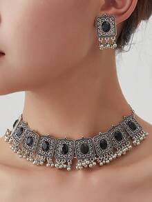 Vintage European Palace Exotic Bohemian Rhinestone Hollow Square Sparkling Necklace, Teardrop Beaded Unique Tassel Earrings, Exaggerated Fashion Party Banquet Bridal Jewelry 3-Piece Set - 9-piece Oval Necklace Set - View 6