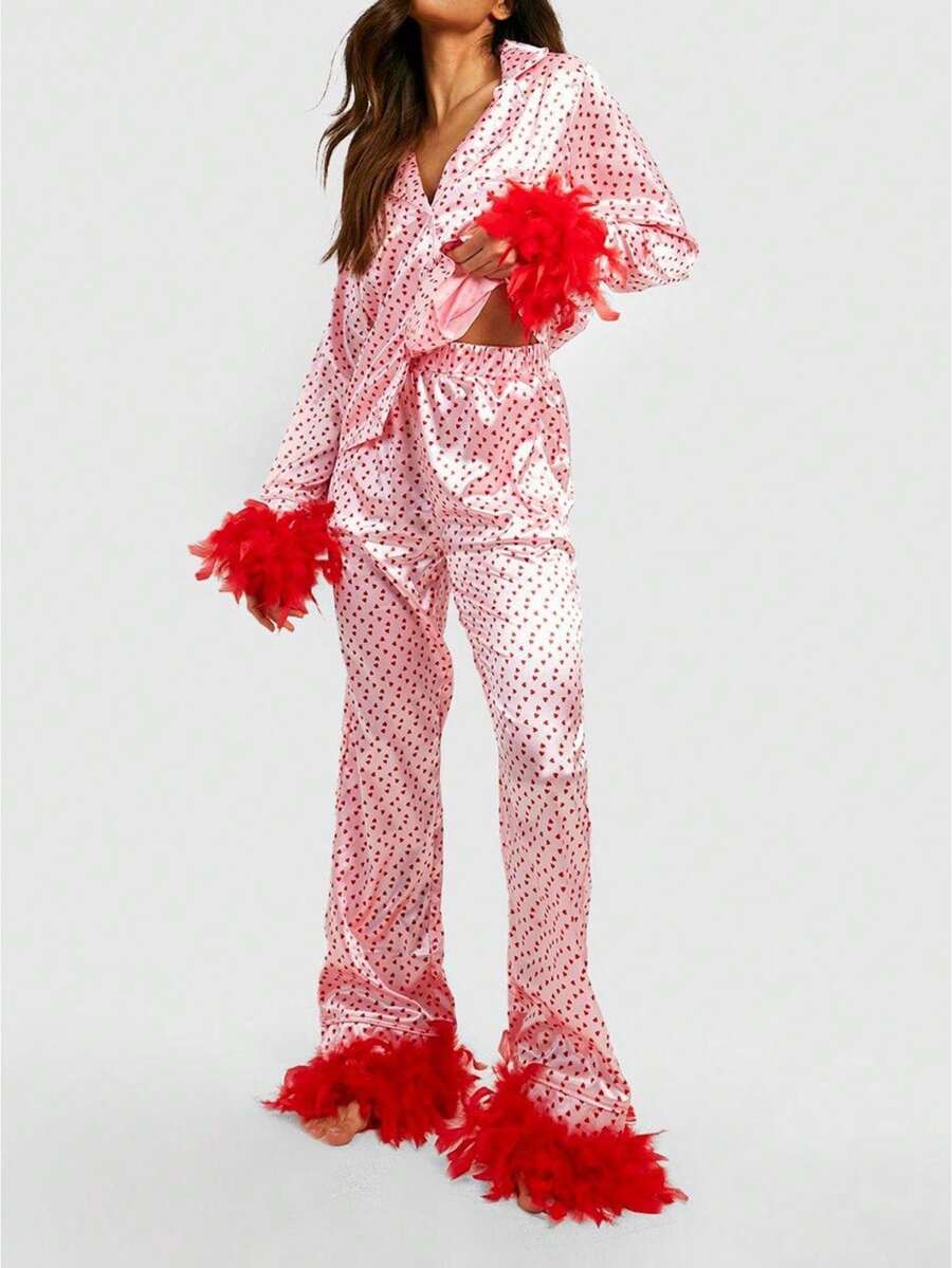 Women 2 Piece Lounge Set Heart Printed Long Sleeve Button Down Shirt And Pants Feather Trim Pajamas Sleepwear Set Women Feather Pajamas Silk Satin Lounge Sets Long Sleeve Button Down Shirts And Pants 2 Piece Pj Set - 粉色 - 查看 1