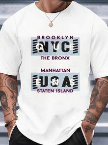 Men's Crew Neck T-Shirt With A Print Of Letters And Names Of New York Neighborhoods, A Modern Urban Design Ideal For Everyday Casual Wear, Perfect For Social Outings In Summer And Autumn. - 白色 - 查看 1