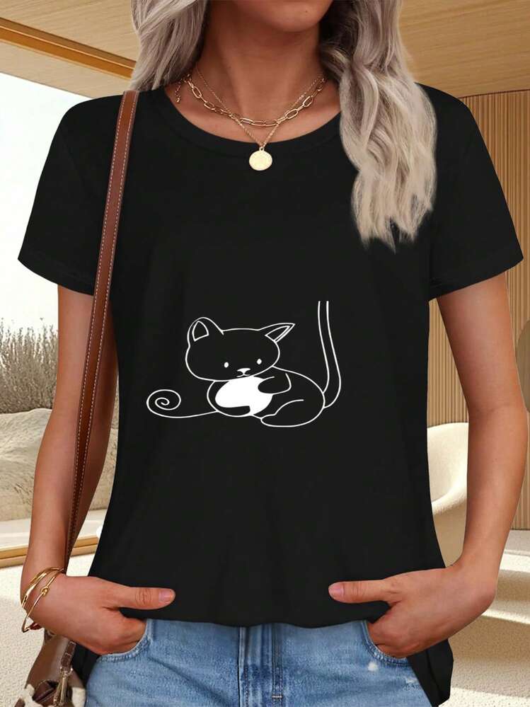 Camiseta de  con estampado de gato blanco estilo minimalista para uso diario y ocio - Negro - Añade 1