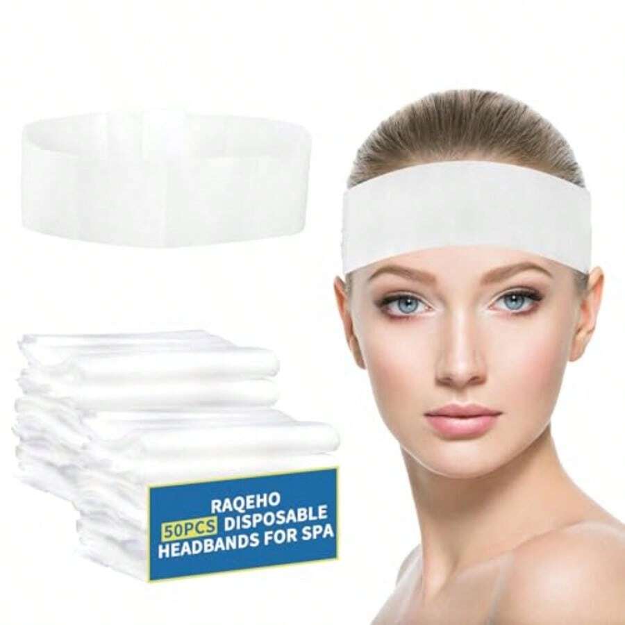 YQQ 50 diademas desechables para spa elásticas antideslizantes para la cabeza facial de spa bandas para el cabello a granel para el cuidado de la piel lavado de la cara maquillaje facial9394 - Blanco - Ver 1