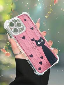 1 pieza Funda transparente con diseño de gato negro sobre fondo rosa de madera con corazones estilo dulce y romántico ideal para regalo en San Valentín protección contra caídas carcasa transparente ligera y resistente, compatible con iPhone 17/16/15/14/13/12/11/XS/XR/X/PLUS/PRO/PROMAX, compatible con Galaxy A34/A35/A54/A55, Galaxy S20/S21/S22/S23/S24 Ultra/Plus, compatible con Moto/Galaxy/Redmi/Honor/OPPO, regalo ideal para fiestas - transparente - Ver 8