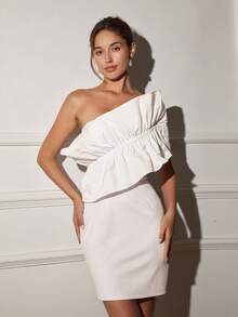 White Short Ruched Asymmetric Shoulder Elegant Sleeveless Dress - White - View 6