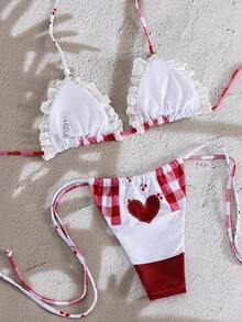 PEPPERMOLLY 两件套性感蕾丝边三角比基尼套装，简约系带比基尼，适合夏季海滩度假；2022春夏女士复古红色格子比基尼套装 - 樱桃刺绣蕾丝边三角泳衣上装搭配荷叶边短裤，甜美复古泳装，适合海滩派对、夏季度假、泳装 - 彩色 - 查看 10