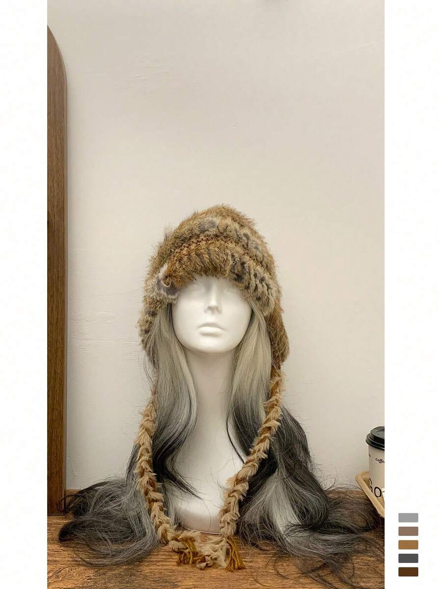 1pc Cute Fluffy Colorful Knitted Beanie Hat For Women, Solid Color Witch Knit Bucket Hat With Pom Pom, Braided Trapper Earflap Hat, Versatile Handmade Knit Bucket Hat With Tie - Multicolor - View 1