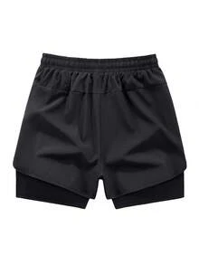 早春/夏季新款加大码男士二合一运动户外健身跑步防摩擦弹力腰带时尚户外健身短裤，健身房必备举重短裤，适合跑步、锻炼、健身、户外活动、街头穿搭、男友风夏季必备短裤 - 黑色 - 查看 7