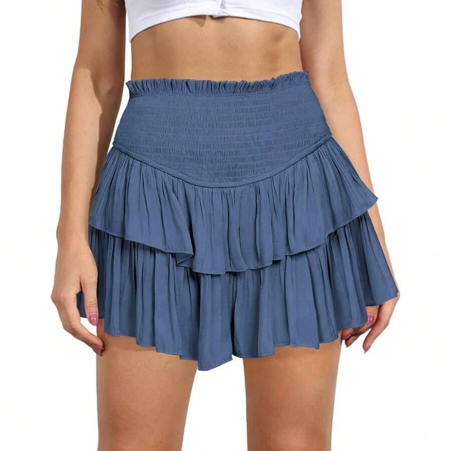 - Minifalda de cintura alta para mujer, dobladillo con volantes, acampanada, informal, con vuelo, minishort por debajo, para la playa, azul - gris, Large - inicial - Ver 1