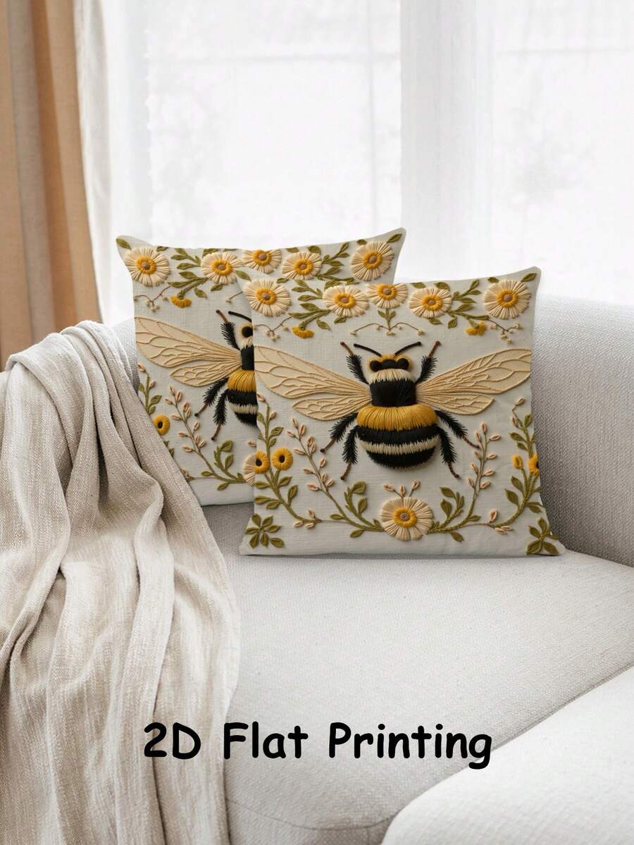 2Pcs Imitation Embroidery Laughing Goat Bee Flower Bigfoot Forest Full Moon Pattern Pillow Cover Farmhouse Pillow Cover Decoration Home Square Sofa Living Room Bedroom Bed Sofa Chair Cushion Cover Universal For All Seasons (No Filling) - Multicolor - View 1