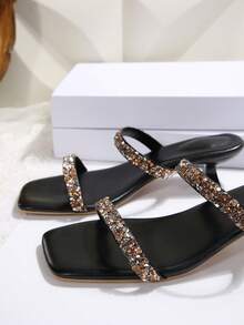 黑色光滑绑带水钻露趾高跟凉鞋，简约细绑带女士夏季连衣裙凉鞋，情人节 - 黑色 - 查看 9