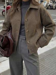 女士时尚休闲法式单排扣短款宽松领羊毛大衣