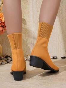 厚底方跟靴，女童透气针织套脚保暖圆头踝靴，防滑通勤旅行两用靴，适合青少年 - 橘色 - 查看 5