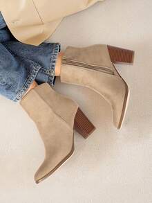 Women's Fashionable Sand Suede High Chunky Block Heel Ankle Booties Side Zipper Almond Toe Short Bootie Pumps - Camel - View 4