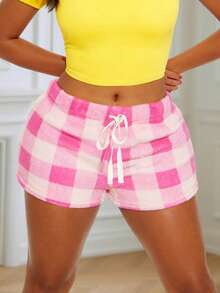 Womens Plaid Shorts Casual Elastic Waist Drawstring Mini Lounge Shorts With Pockets For Daily - White - View 2