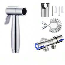 1 Set Stainless Steel Toilet Bidet Sprayer, Includes Bidet Sprayer, Hose, Adhesive Shower Holder, 1-To-2 Angle Valve, Pet Cleaning Sprayer, Handheld Toilet Cleaner, Pressurized Water Gun, Telephone Cord Hose Bathroom Bathroom Accessories Bathroom Tools - Silver - View 9
