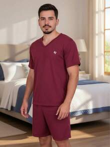 Men's Short Pajama Set - Adult Short-Sleeved V-Neck Shirt And Shorts - Burgundy - View 1