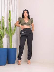 Calça Alfaiataria Feminina Social Elegante Cós Alto 90% Poliéster 10% Elastano | Modelo Premium para Trabalho, Escritório e Eventos - Preto - Visão 8
