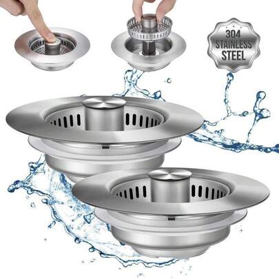 Upgraded 3-In-1 Kitchen Drain Strainer - Stainless Steel Sink Stopper, Anti-Clog Sink Basket, For Standard 3 1/2 Inch US Sinks