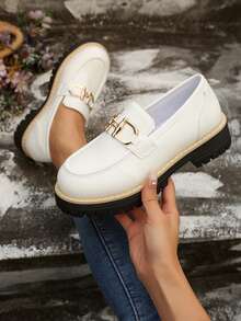 Women's New Solid Color Punk Business Preppy Casual PU Leather Pure Metal College Home Flats, Suitable For All Seasons - White - View 1
