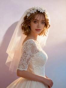 1pc Elegant White Lace Flower Headband, Romantic Bridal Veil Headpiece For Women - White - View 3