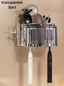 2pcs/3pcs/4pcs Large Capacity Storage Rack, Viral Suction Cup Toothbrush Holder, Wall-Mounted Toothbrush Cup Rack, No Drilling Mouthwash Cup & Toothpaste Organizer, With Rinse Cup