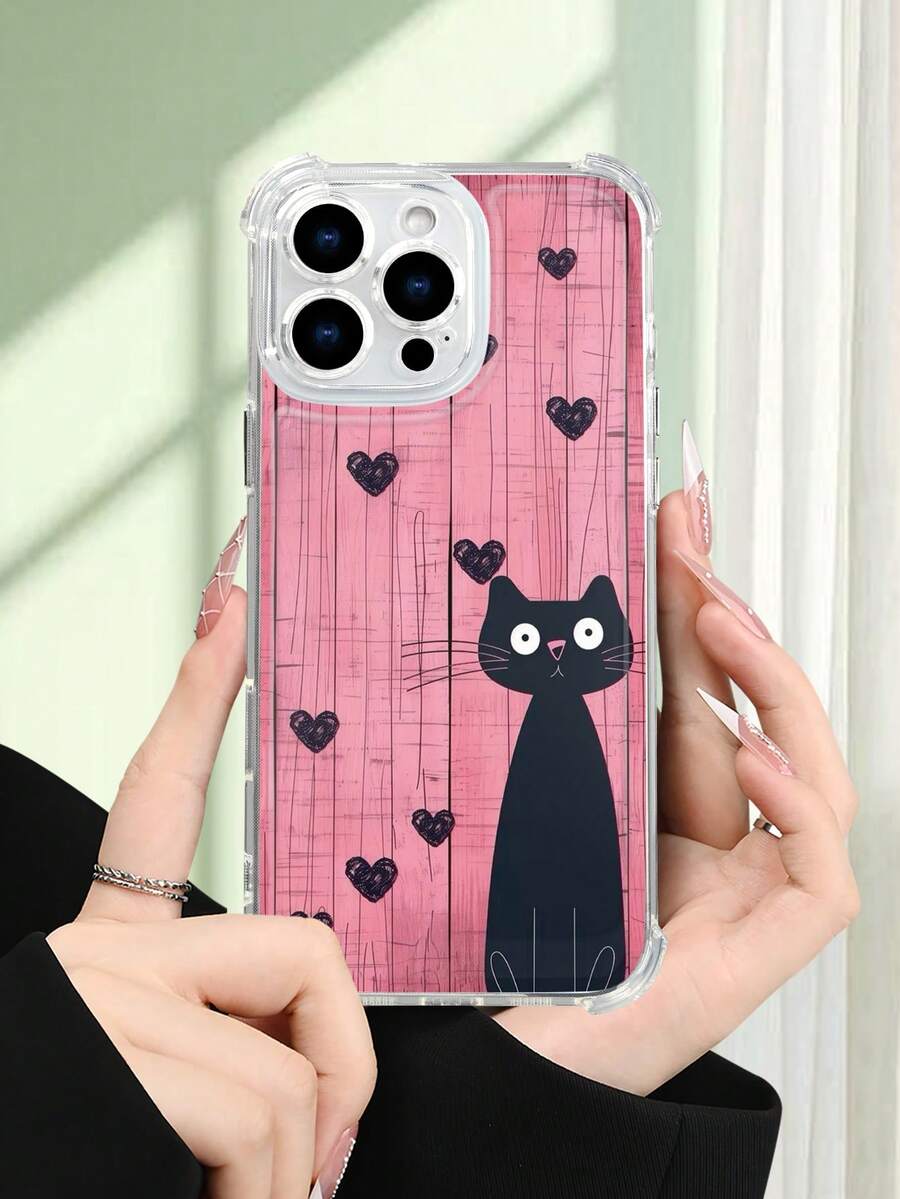 1 pieza Funda transparente con diseño de gato negro sobre fondo rosa de madera con corazones estilo dulce y romántico ideal para regalo en San Valentín protección contra caídas carcasa transparente ligera y resistente, compatible con iPhone 17/16/15/14/13/12/11/XS/XR/X/PLUS/PRO/PROMAX, compatible con Galaxy A34/A35/A54/A55, Galaxy S20/S21/S22/S23/S24 Ultra/Plus, compatible con Moto/Galaxy/Redmi/Honor/OPPO, regalo ideal para fiestas - transparente - Ver 1