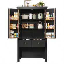 Küchenschrank (80x40x140cm), High Küchenbuffet, Mehrzweckbuffet, Snackschrank, Aufbewahrungsmöbel Mit Zwei Türen Und Fünf Schubladen, Schwarz/Weiß - White + Medium Density Fiberboard - View 4