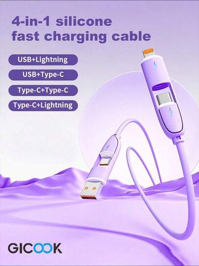 GICOOK USB C Charger Phone Charger Charger Phone Phone Charger Phones4in1 66W/100W(MAX)/27W Fast Charging Cable, Phone Charger Cable, Silicone Charging Cable, Universal Compatibility With Phone/Android/Type-C & Micro USB Devices Portable Charger Compatible With Phone Portable Charger, Charging Cable Compatible With Phone 16/15/14/13/12/11/ S24/S23/S22/S21, Vivo, Compatible With Samsung, Universal Efficient Charging Adapter